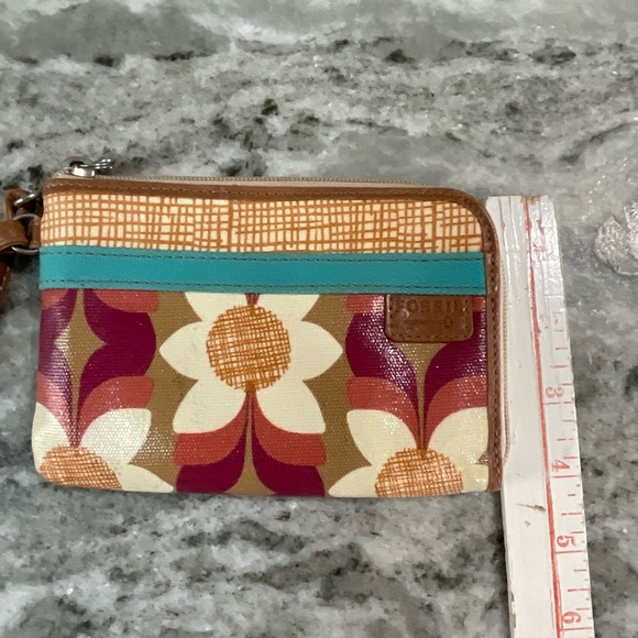 FOSSIL KeyPer Multicolor Floral Coated Canvas Brown Leather Wristlet Wallet - Picture 8 of 8